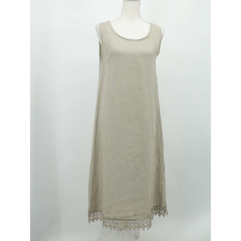 RoseMarine Linen Sleeveless Midi Dress Crochet Lace Boho Coastal Lagenlook S